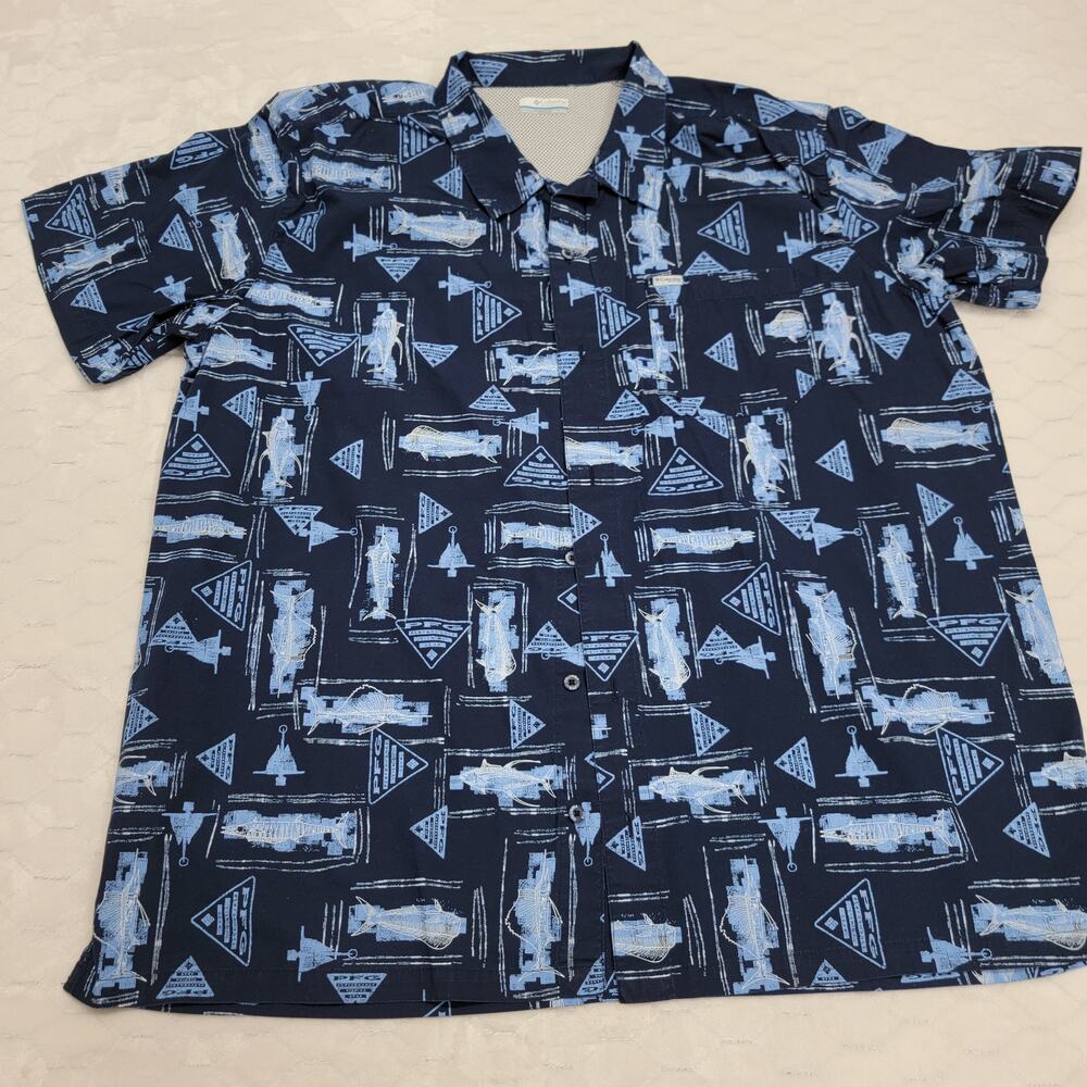 Columbia PFG Super Tamiami Shirt XXL 2TG Navy Blue Marlin Fishing Button Down